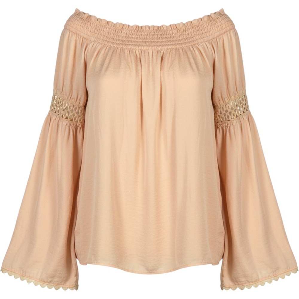 Dance & Marvel Peach Off Shoulder Crochet Lace Bell Sleeve Blouse DMT2183 M